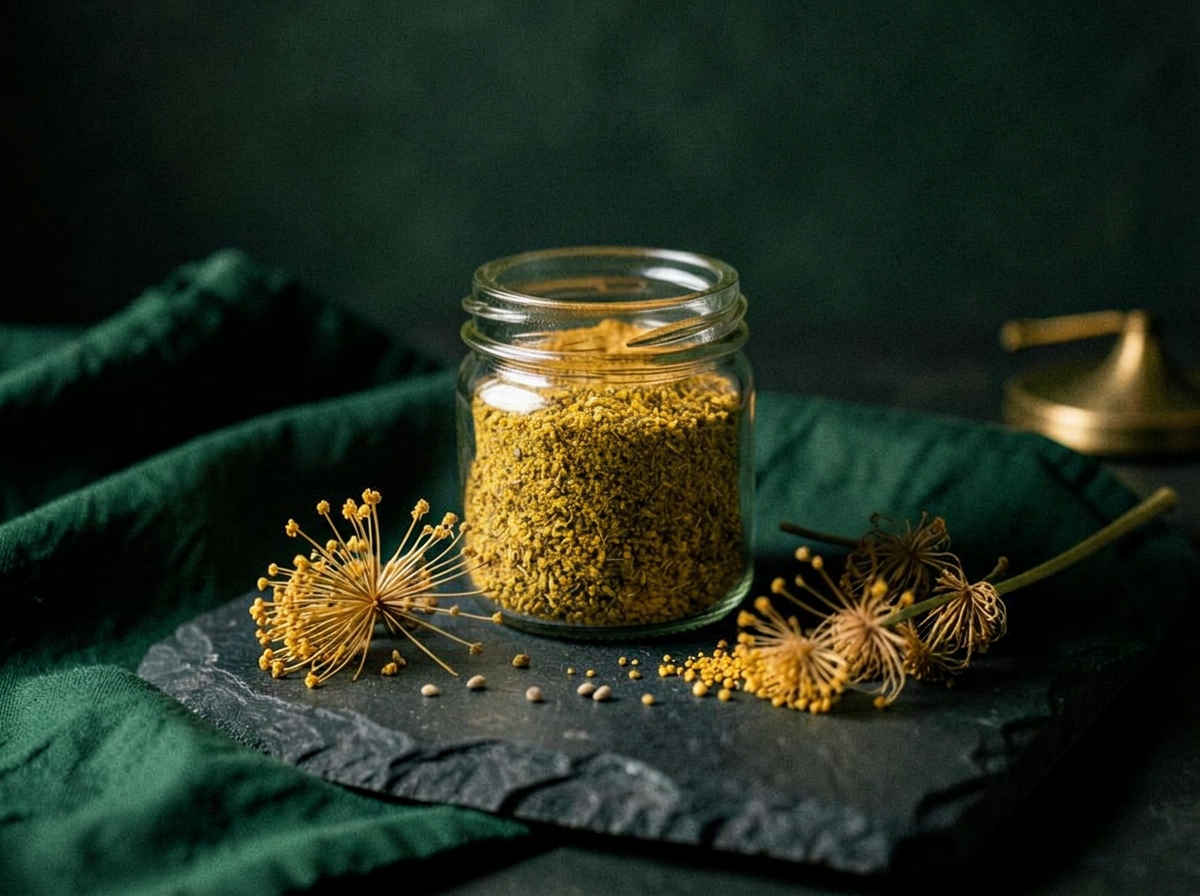 A clear jar of golden fennel pollen with pollen visible inside