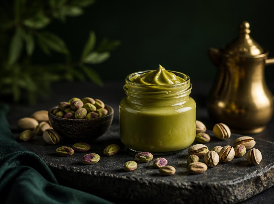 A jar of vibrant green Sicilian pistachio cream with scattered pistachios