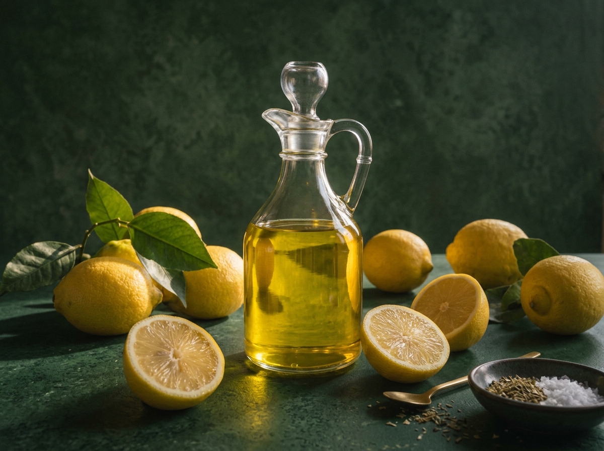 A glass cruet of golden lemon olive oil surrounded by fresh lemons