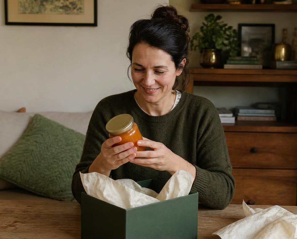 A woman unwrapping a Trovato gift box, holding a jar she's just discovered