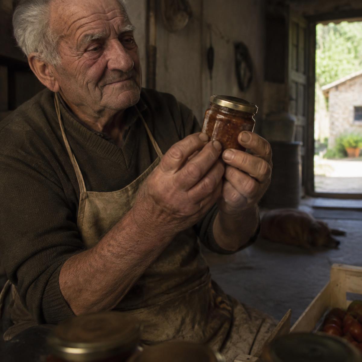 An older Italian producer holding a jar in a small family workshop